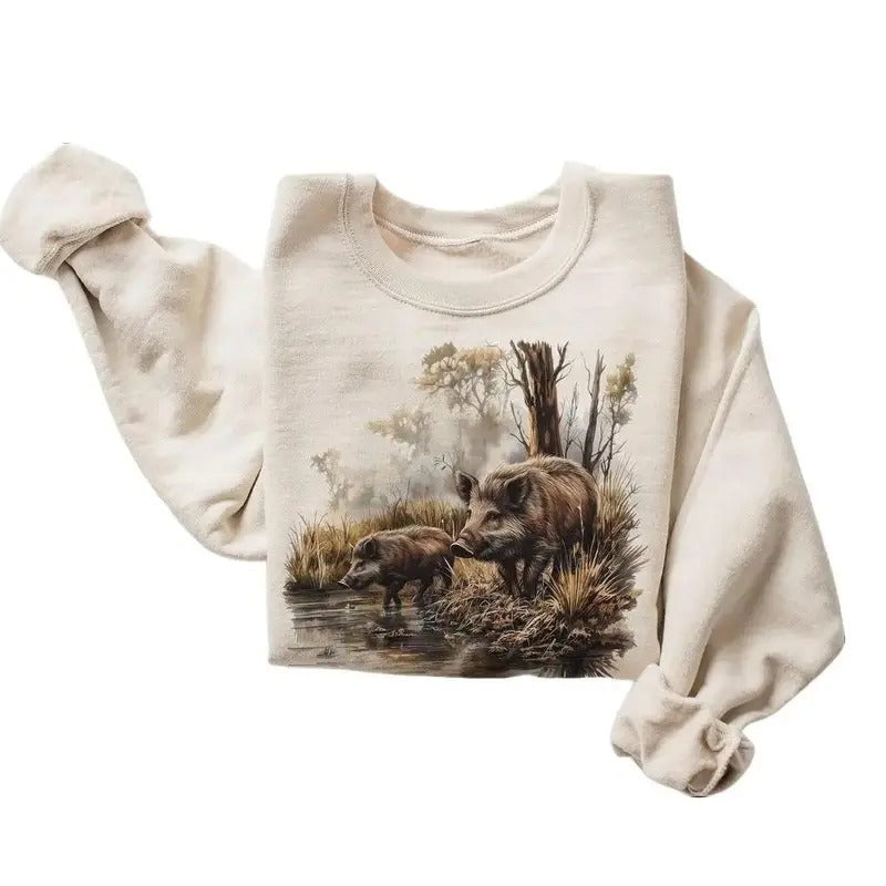 Retro Wild Boar Marshlands Fall Scene Pullover Sweatshirt - Nineties 90s Vintage Boar Hunting Outfit - Boho Unisex Cotton...