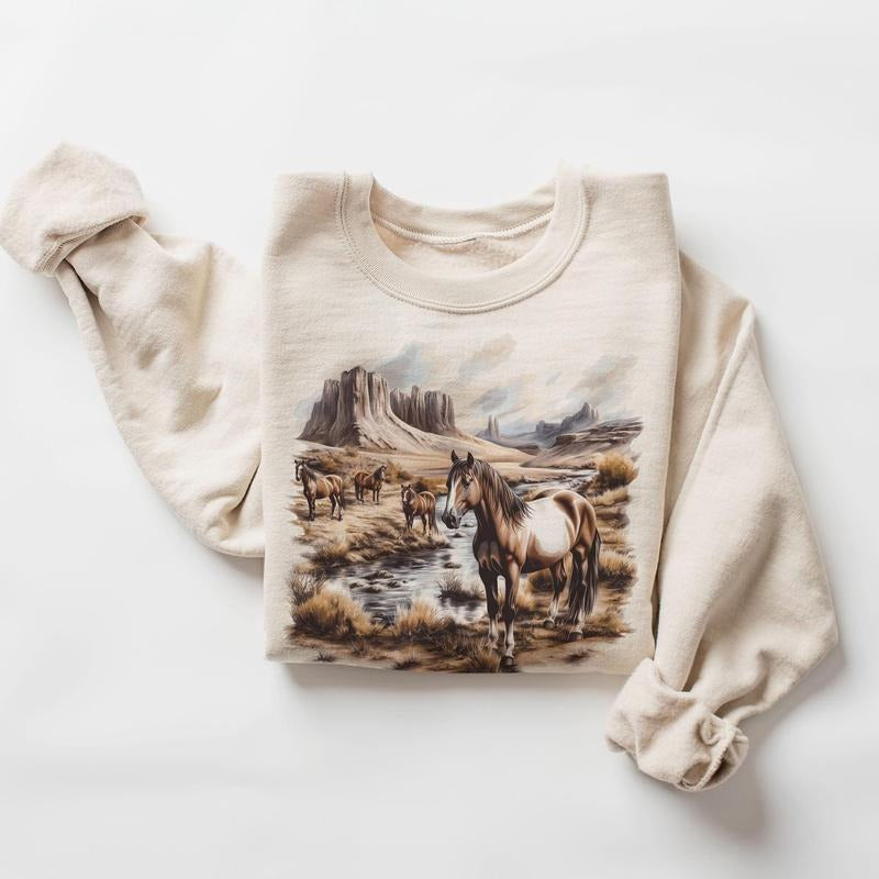 Retro Wild Horses Desert Canyon Fall Scene Sweatshirt - 90's Vintage Horse Lover Gift Outfit - Boho Unisex Crewneck...