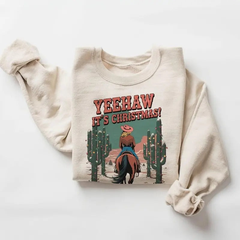 Retro Yeehaw Its Christmas Cowgirl Sweatshirt - 90as Weastern Equestrian Cactus Desert Horse Lover T-shirts Boho Unisex...