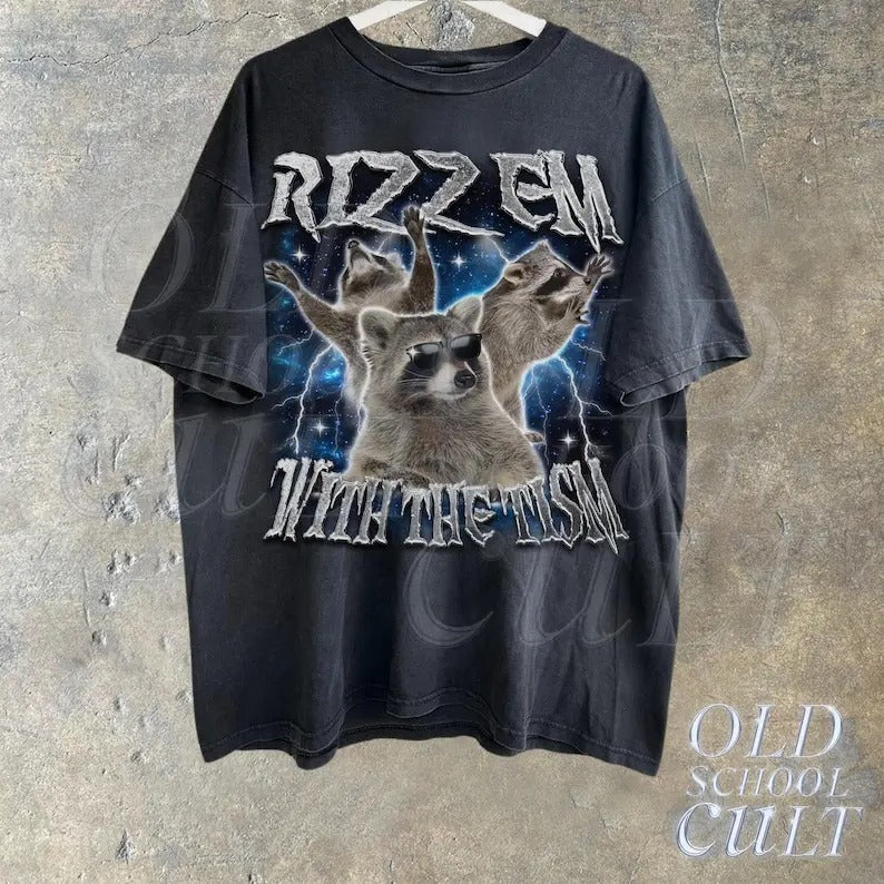 Rizz Em With The Tism Raccoon Vintage Graphic Shirt, Retro 90s Raccoon Rizz Graphic Shirt, 100% Cotton, Crew Neck, Slight...