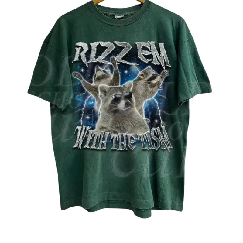 Rizz Em With The Tism Raccoon Vintage Graphic Shirt, Retro 90s Raccoon Rizz Graphic Shirt, Autism Awareness, Silly Shirt...