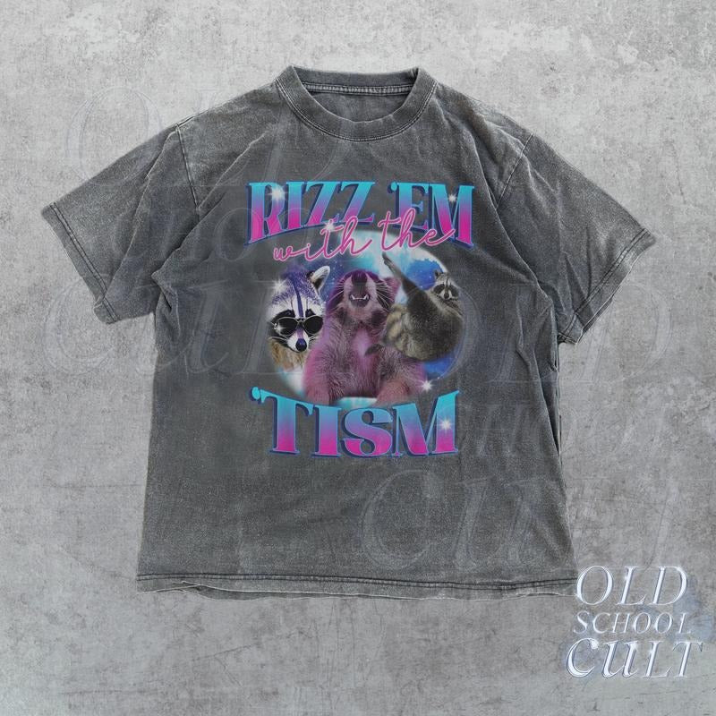 Rizz Em With The Tism Retro Shirt, Vintage Funny Raccoon Graphic Shirt, Autism Awareness, Raccoon Meme Tee, Relaxed Soft ...