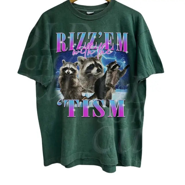 Rizz Em With The Tism Vintage Graphic Shirt, Retro 90s Funny Raccoon Graphic Shirt, Autism Awareness,  Funny Bootleg,...