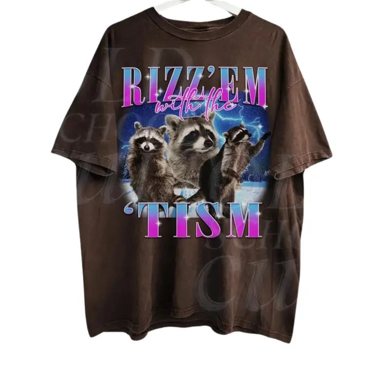 Rizz Em With The Tism Vintage Graphic Shirt, Retro 90s Funny Raccoon Graphic Shirt, Autism Awareness, Raccoon Meme Tee,...