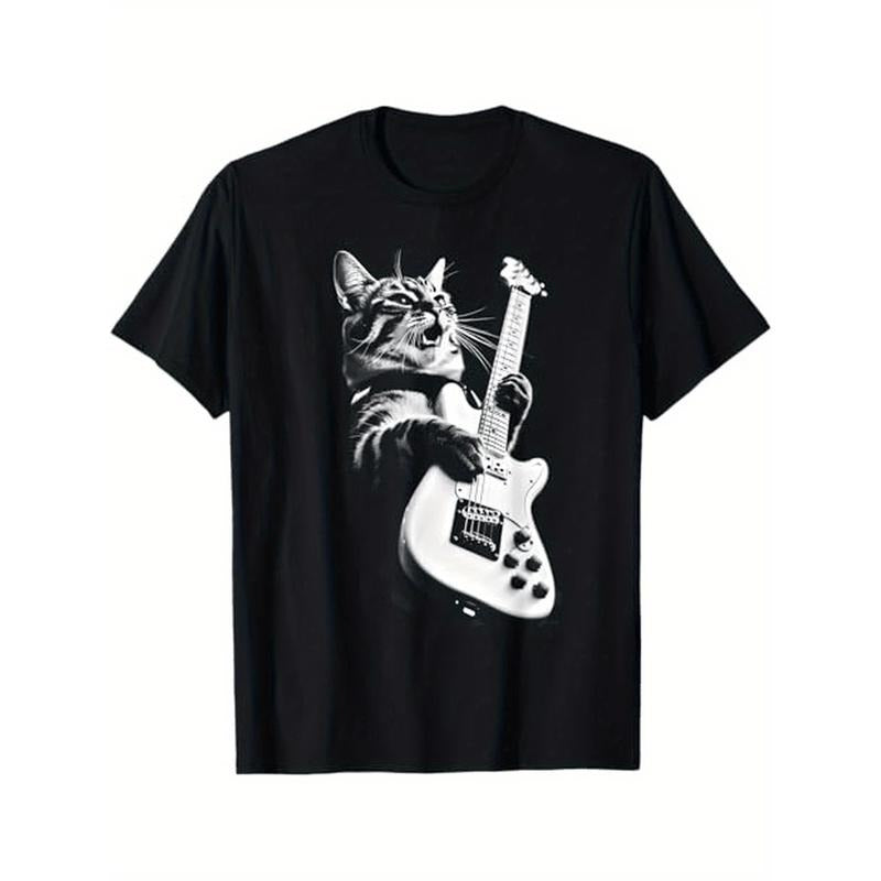 Rock Cat Playing Guitar - Funny Guitar Cat T-Shirt, 100%Cotton, Gifts for Men Dad Husband Grandpa, S-XXXL, Black  made in...