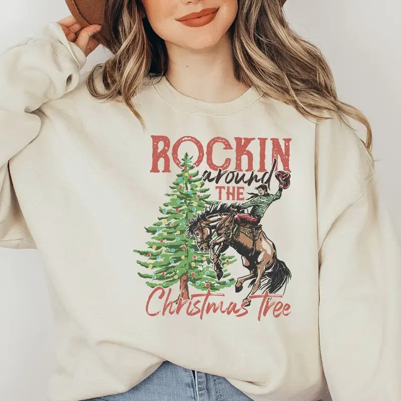 Rockin' Around The Christmas Tree Sweatshirt, Retro Christmas Western Sweatshirt, Cowboy Christmas Sweatshirt, Christmas...
