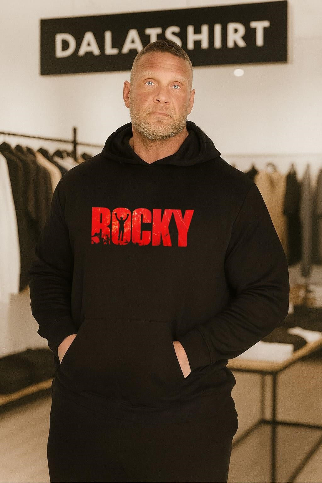 Rocky Movie Red Distressed Text Silhouette Arms Raised Up shirt