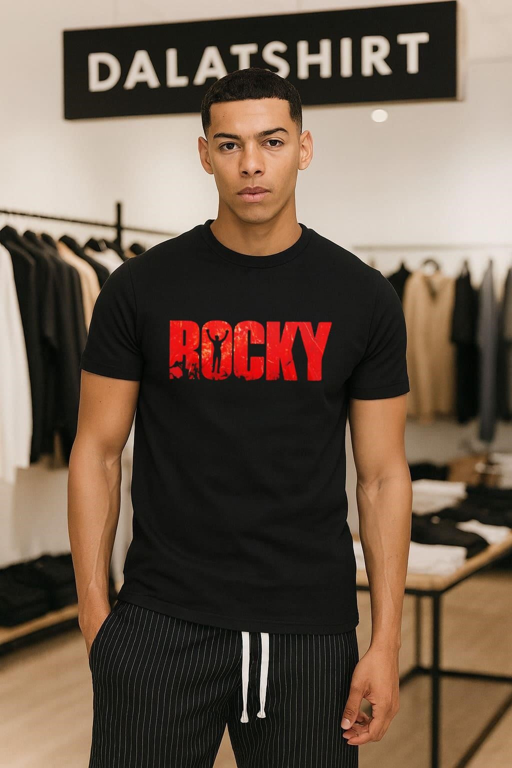 Rocky Movie Red Distressed Text Silhouette Arms Raised Up shirt
