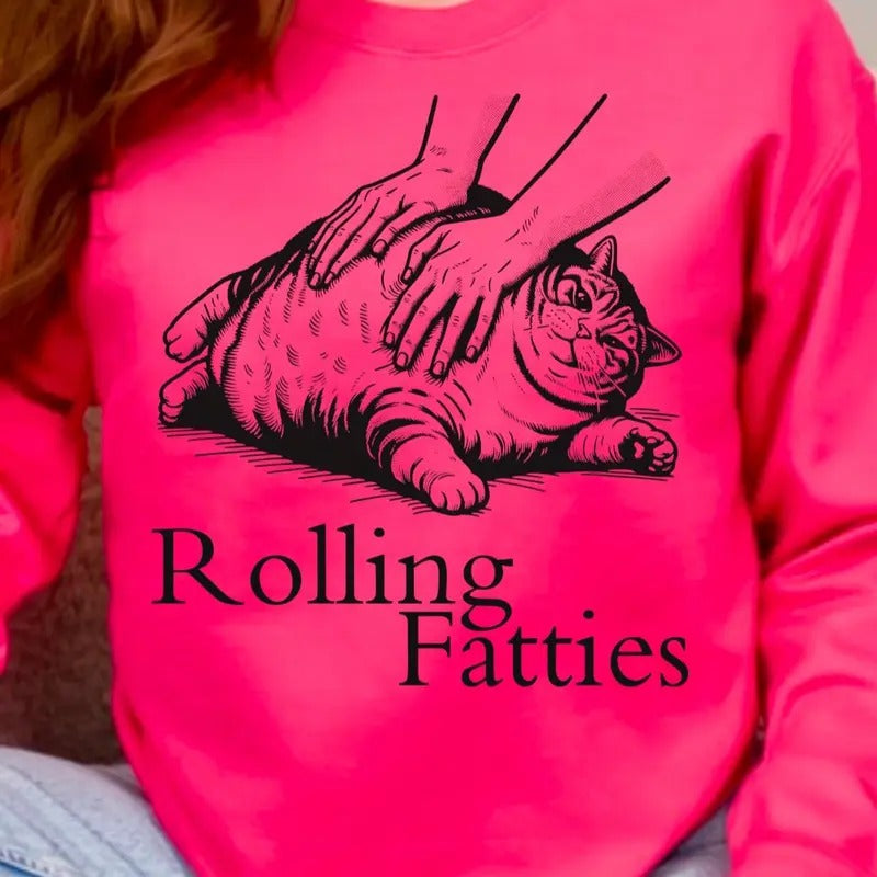 Rolling Fatties Funny Fat Cat Lover Sweatshirt Loose Fit Pullover Casual Long Sleeve Soft Style Women's Tops T-Shirts, Hoodie