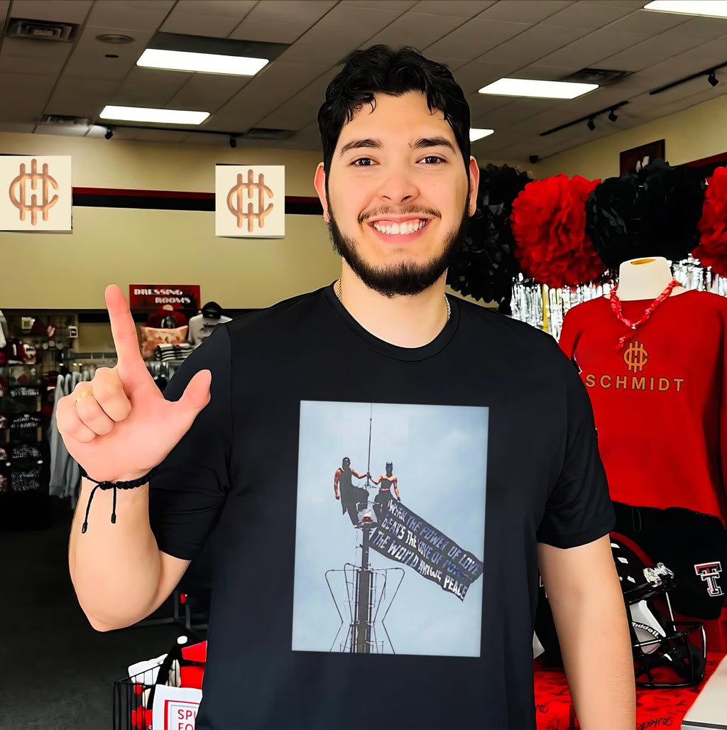 Rooftop climbing sign when the power of love beats the love of power the world knows peace shirt