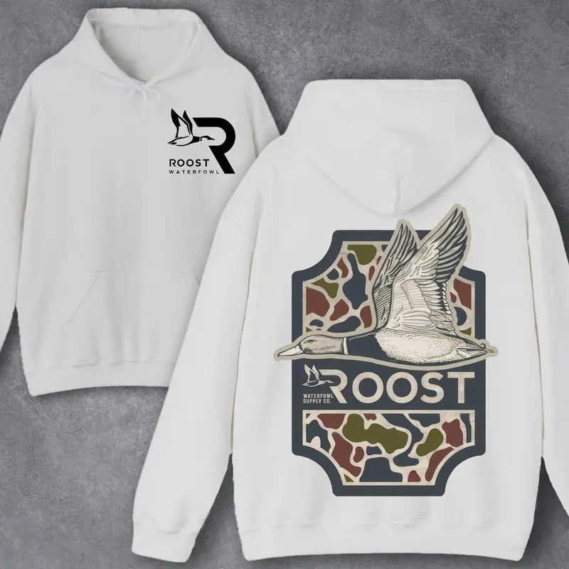 Roost Waterfowl Duck Hunting Camo Bottomland 2 Sided Unisex Hoodie - Sweater - T-shirt Sweatshirt | TeeBloomCo.com