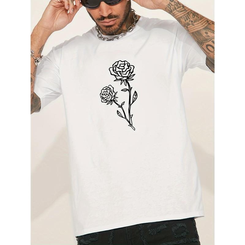 Rose Print Men's Round Neck Short Sleeve Tee Fashion Regular Fit T-Shirt Top For Spring Summer Holiday Made in USA...