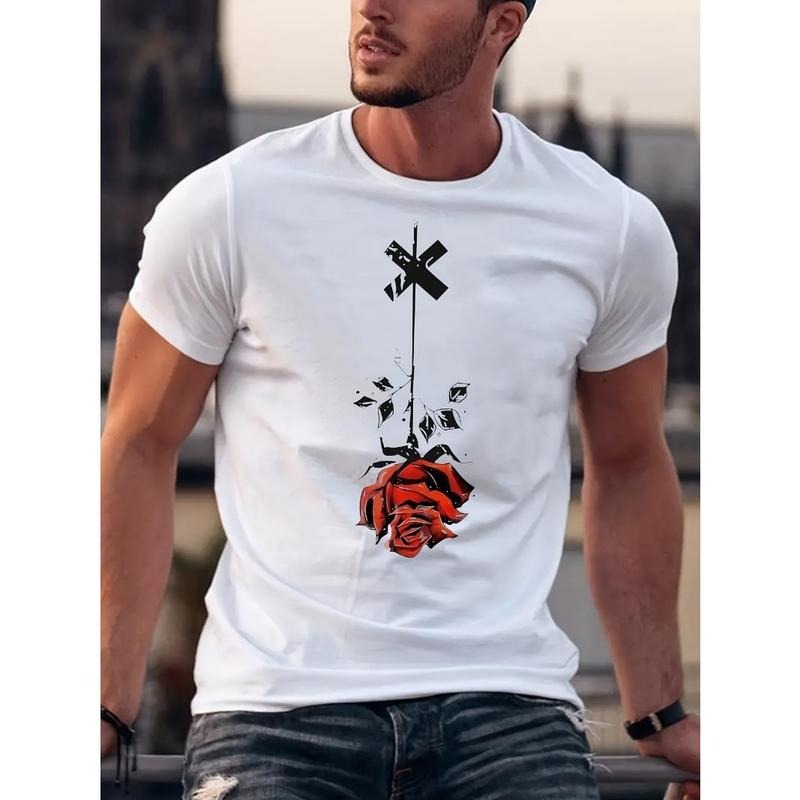 Rose pattern printed T-shirt men's casual style summer and autumn slightly elastic round neck T-shirt Made in USA Hoodie,...