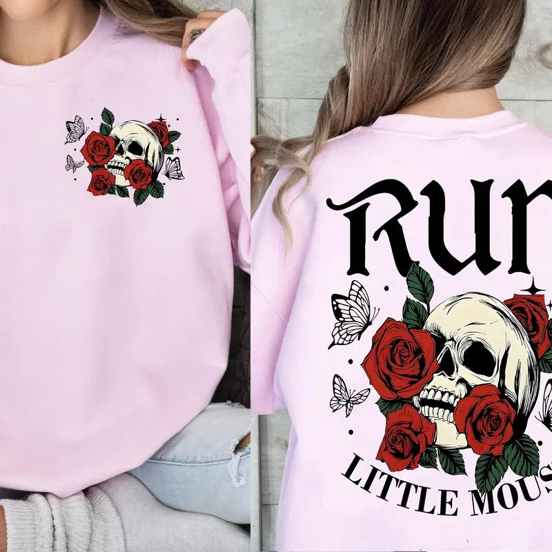 Run Little Mouse Skeleton Sweatshirt, Skeleton Hold Roses Hoodie, Smut Reader Crewneck, Book Lover Gift, Love Roses, Dark...