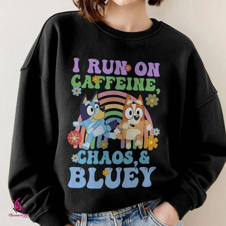 Running on Caffeine Chaos and Bluey Mom Shirt, Chilli Heeler Shirt, Mom Bluey Shirt, Mama Shirt, Chilli Heeler Bluey...