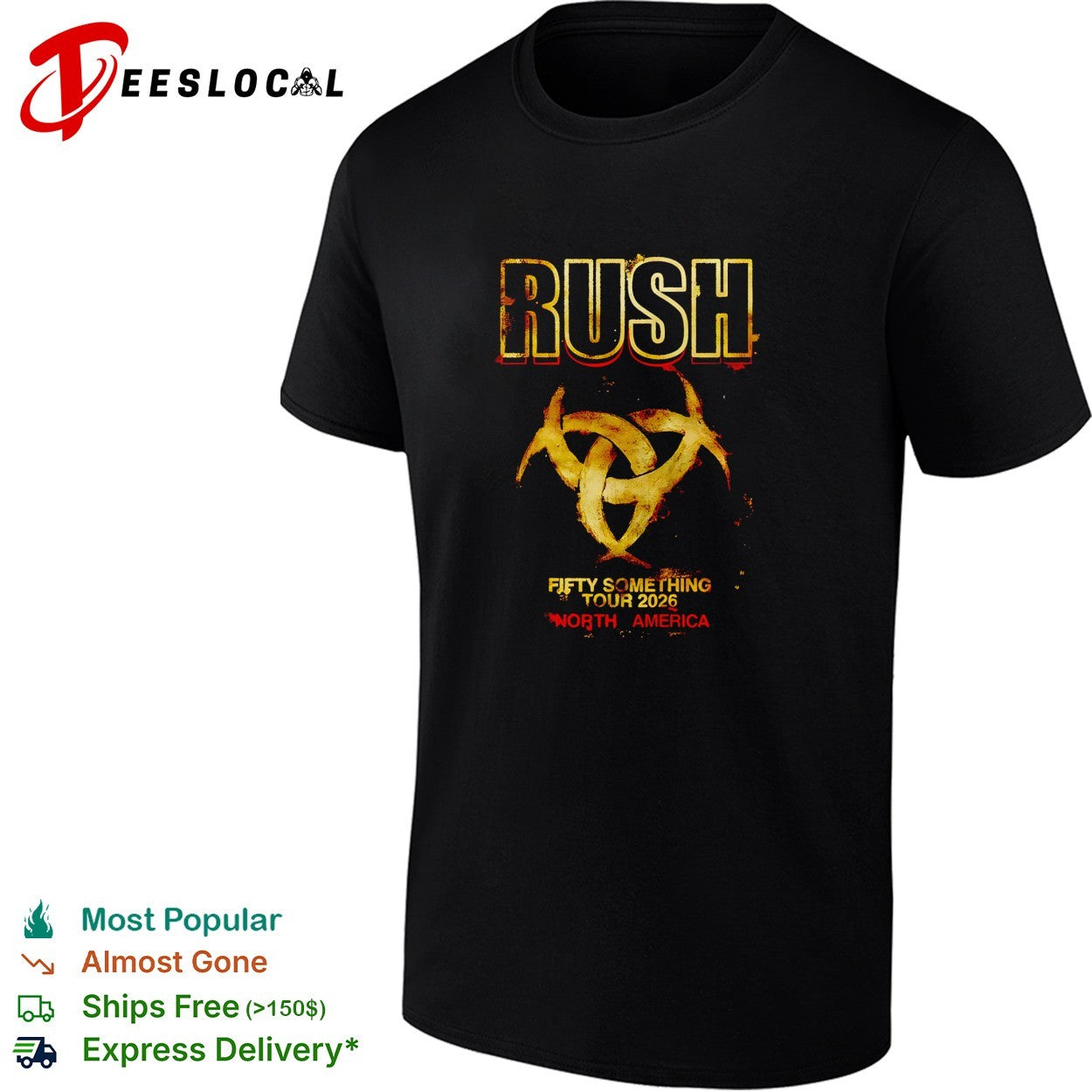 Rush Fifty Something Tour 2026 North America gold logo print graphic cotton shirt