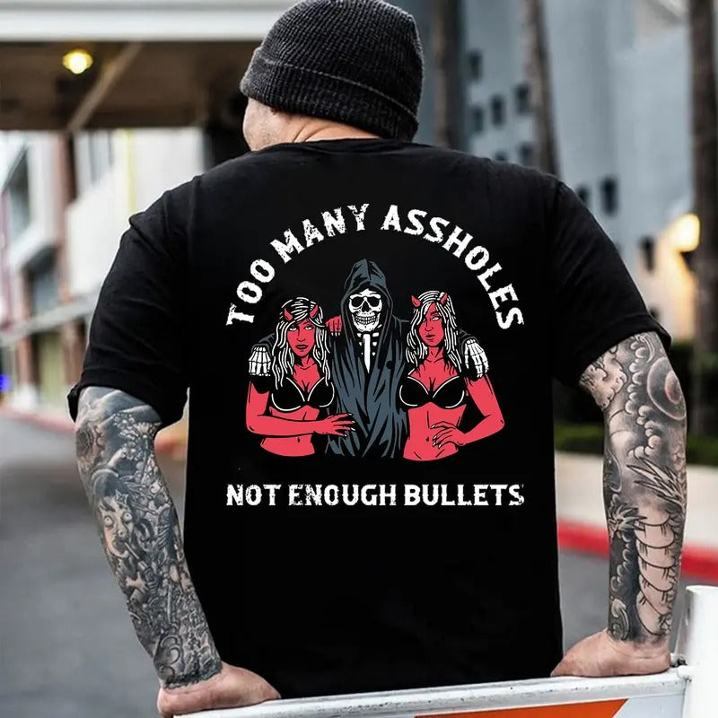 [S-5XL] "TOO MANY A@SHOLES, NOT ENOUGH BULLETS" Skeleton With Sexy Lady Print Men's T-Shirt, Motorcycle Shirt, Graphic...