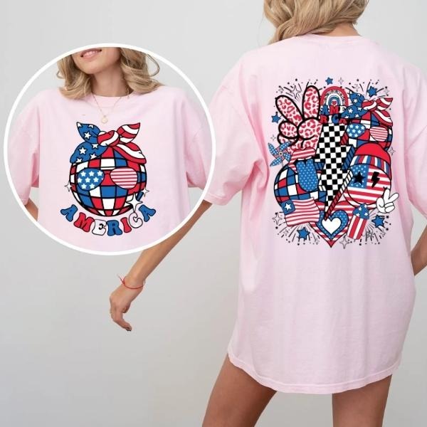 America Patriotic T-Shirt Sweatshirt, Fourth of July Tee with Front and Back Design, Red White Blue USA Flag Graphic,...