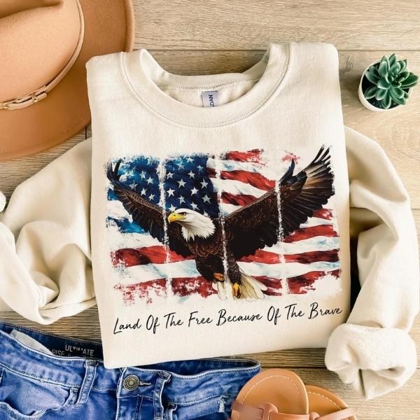 American Flag Eagle T-Shirt Sweatshirt, Memorial Day & 4th of July Graphic Tee, Land of the Free Shirt, Patriotic Tribute...