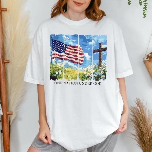 Faith Family Freedom T-Shirt Sweatshirt, Memorial Day And 4th of July Christian Tee, One Nation Under God Retro USA Cross...