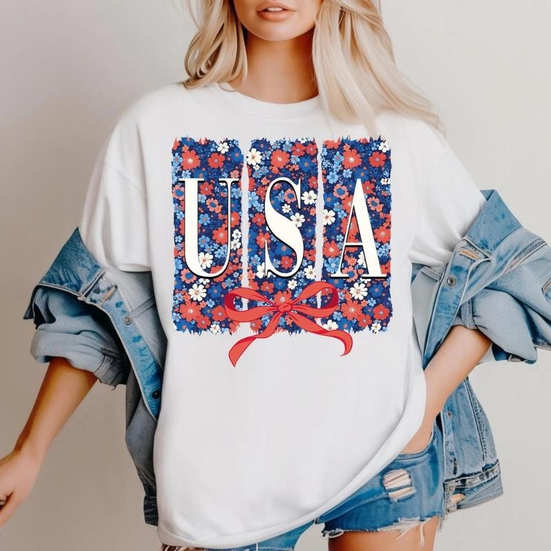 Floral USA Coquette T-Shirt, Sweatshirt, Memorial Day & 4th of July Graphic, Preppy America 1776 Land of the Free Shirt...
