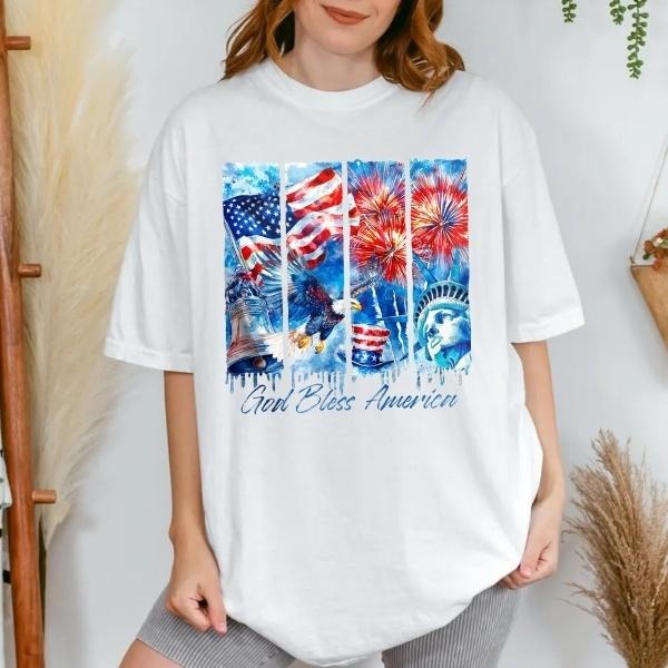 God Bless America Tee, 4th of July & Christian T-Shirt Sweatshirt, Patriotic USA Flag Brushstroke Design, Independence...