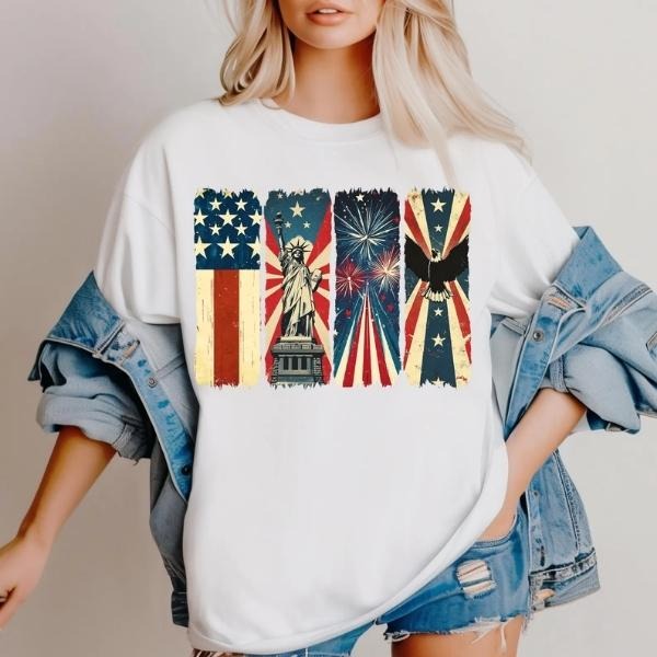 Memorial Day + 4th of July T-Shirt Sweatshirt, Retro America Graphic Tee, Statue of Liberty Floral Shirt, USA Flag Girly...