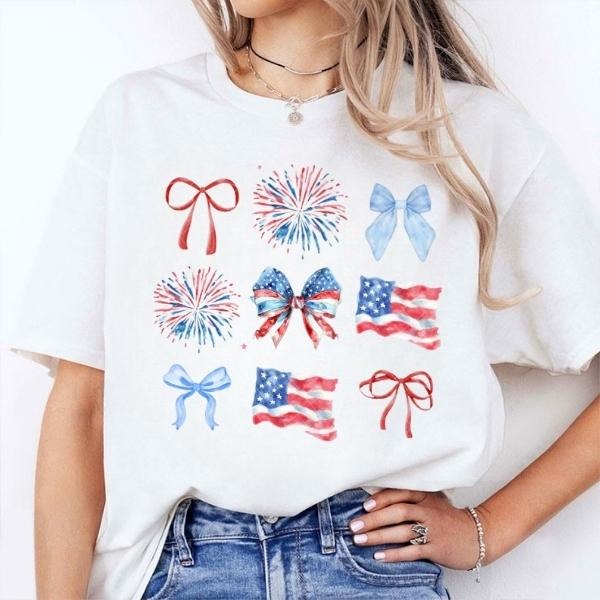 Red White Blue Coquette Tee, Memorial Day & 4th of July T-Shirt Sweatshirt, Girly America Graphic Shirt, Cute USA Pride...