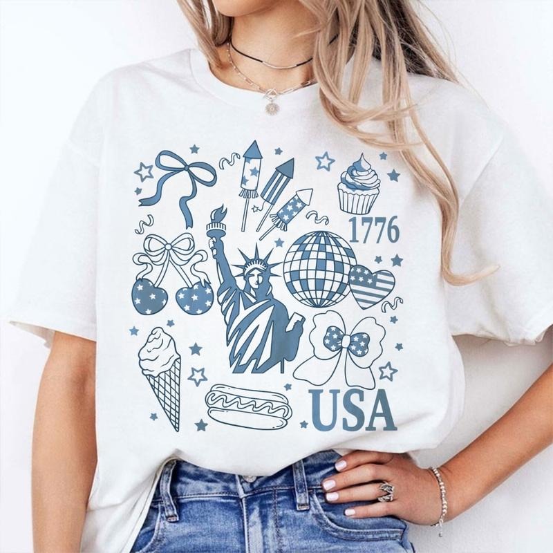 Retro America Coquette T-Shirt, Sweatshirt, Preppy 4th of July Graphic, Girly Memorial Day USA Shirt, Land of the Free...