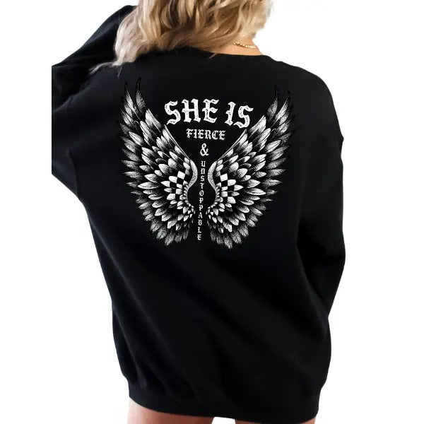 "SHE IS FIERCE and UNSTOPPABLE Women's Shirt with Angel Wings Graphic, Hoodie, or Sweatshirt, Unisex Sizes Up to 5XL,...