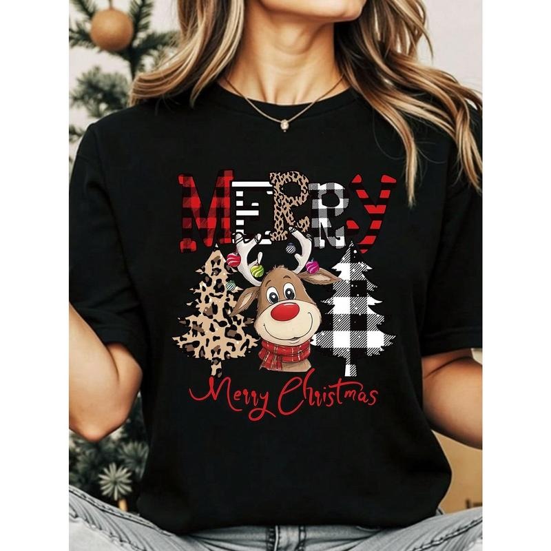 SHEIN Women's Christmas Casual T-Shirt with Reindeer & Leopard Print Graphic Design Short Sleeve Round Neck Regular Fit...