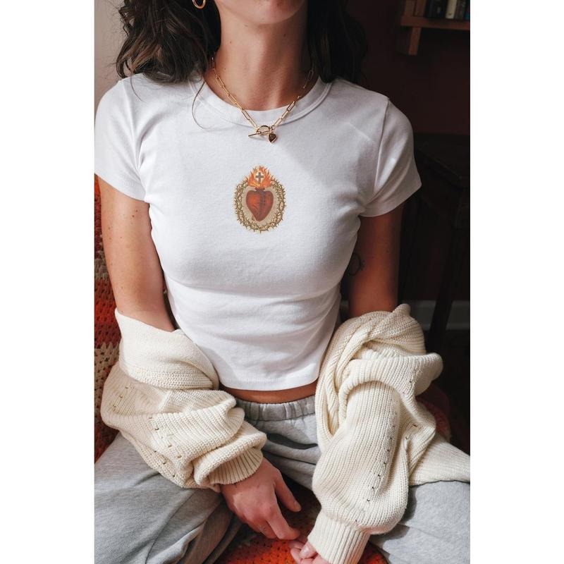 Sacred Heart Baby Tee, Y2K Baby Tee, Aesthetics, 90S Style Baby Tee, Coquette Clothing, Trending Shirts Hoodie, Sweatshirt