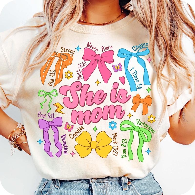 [Sale To 45% Off] Mom Coquette Bow T-Shirt, She Is Mom Shirt, Bible Verses Shirt, Mom T-Shirt, Blessed Mom Shirt,...