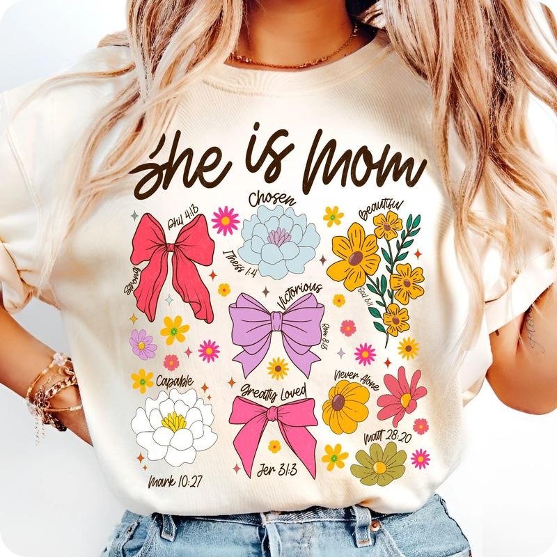 [Sale To 45% Off] She Is Mom Coquette T-Shirt, Christian Mama Floral Wildflower T-Shirt, Retro Boho Mother's Day, Bible...