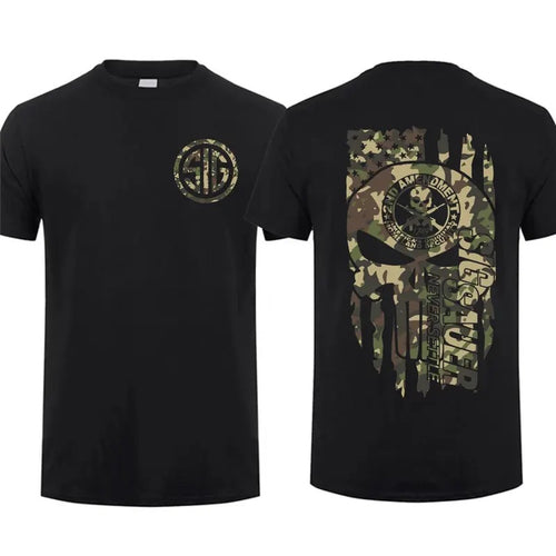 2025 Top Sig Sauer American Skull Flag With Camo T-shirt Unisex Short Sleeve Casual 100% Cotton Top Menswear Tactical...