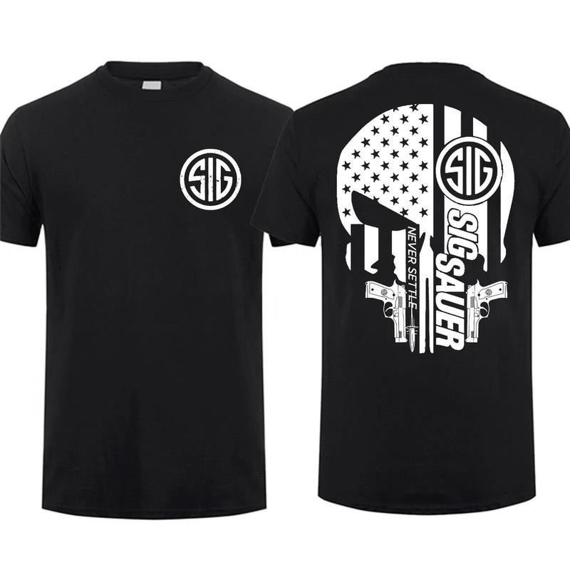 Sig Sauer Skull Gun America Flag 2 Sided T-shirt Unisex Short Sleeve Casual 100% Cotton Top Menswear Tactical Gear Gun...
