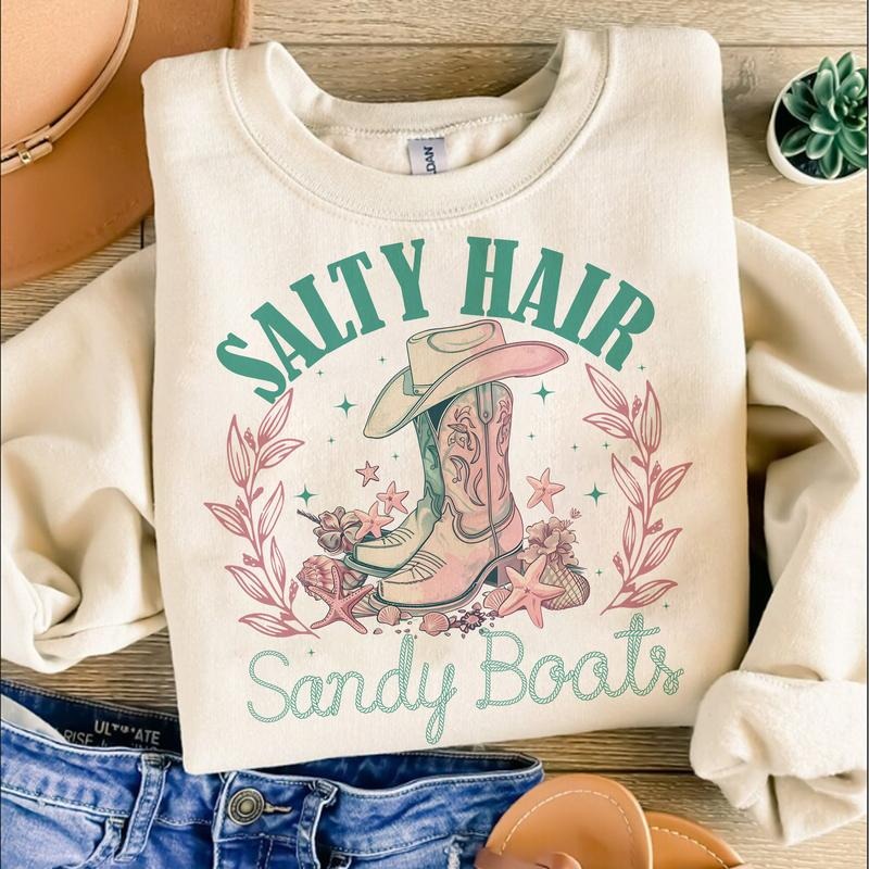 Salty Hair Sandy Boots Sweatshirt, Western Summer Sweatshirt, Retro Summer Shirt, Trendy Summer Shirt Hoodie | TeeBloomCo.com