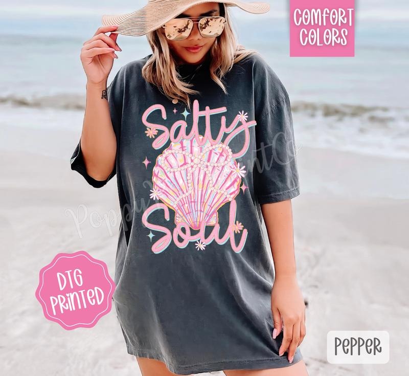 Salty Soul Comfort Colors Tshirt, Cute Summer Tee, Girly Beach Shirt Hoodie, Sweatshirt | TeeBloomCo.com
