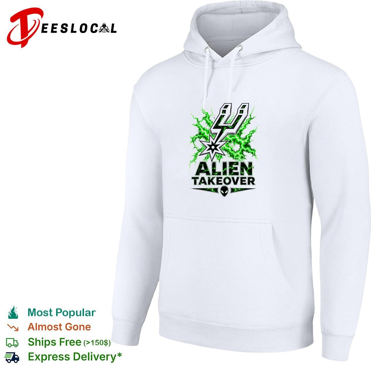 San Antonio Spurs alien takeover logo green lightning white shirt