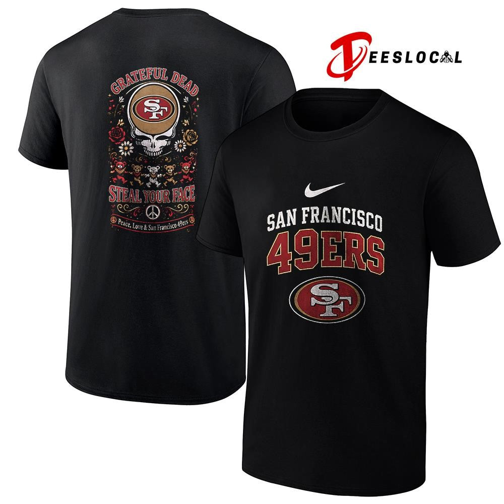 San Francisco 49ers x Grateful Dead steal your face peace love logo shirt