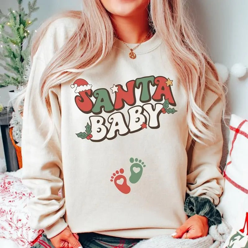 Santa Baby Christmas Pregnancy Announcement Sweatshirt XMas Maternity Sweater Holiday Gender Reveal Outfit Winter Baby...