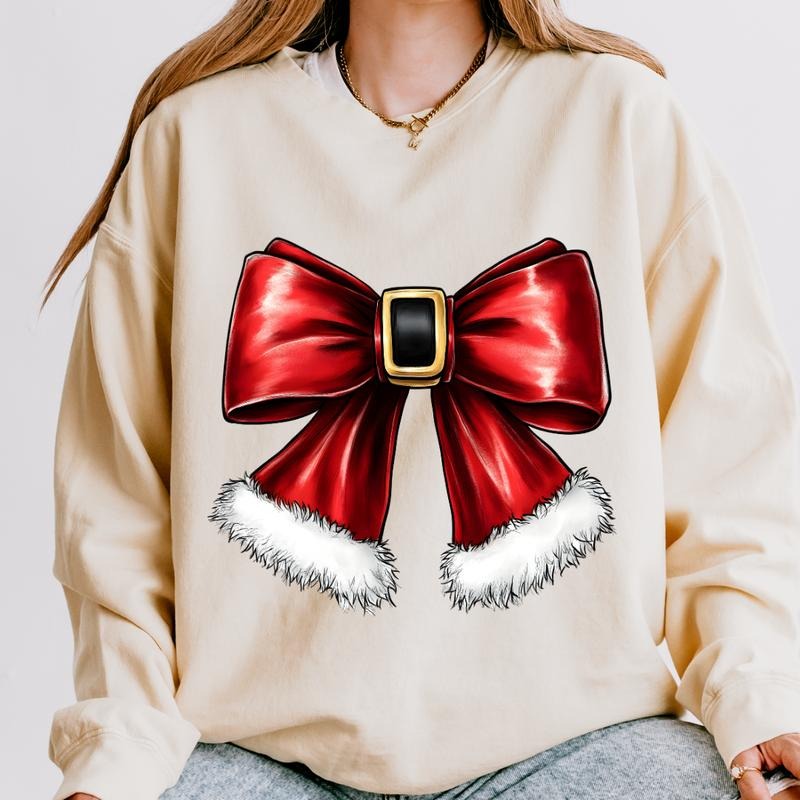 Santa Bow Christmas Crewneck, Christmas Bow Sweatshirt, Holiday Christmas Sweatshirt, Winter Season Graphic, Casual...