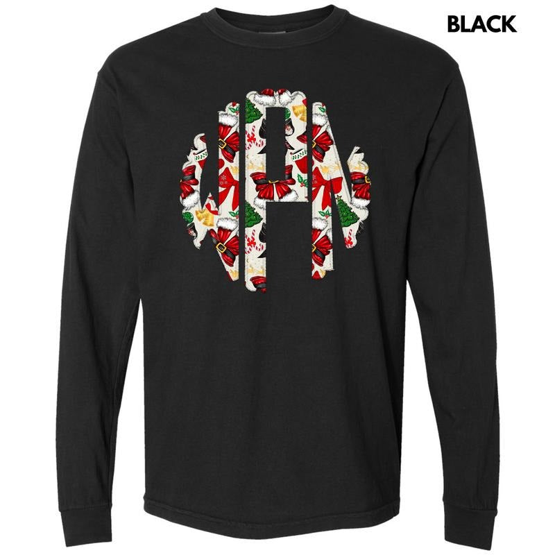 Santa Bow Theme Monogram Long Sleeve Comfort Colors T-Shirt 'NLB' Hoodie, Sweatshirt | TeeBloomCo.com