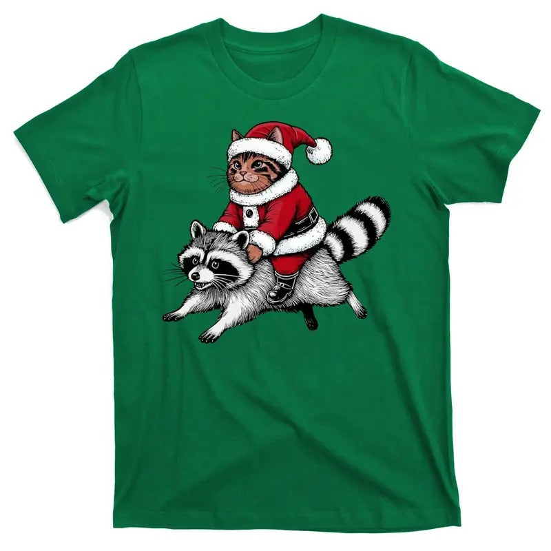 Santa Cat Raccoon Funny Christmas Animal Lover Fun T-Shirt for Men or Women Hoodie, Sweatshirt | TeeBloomCo.com