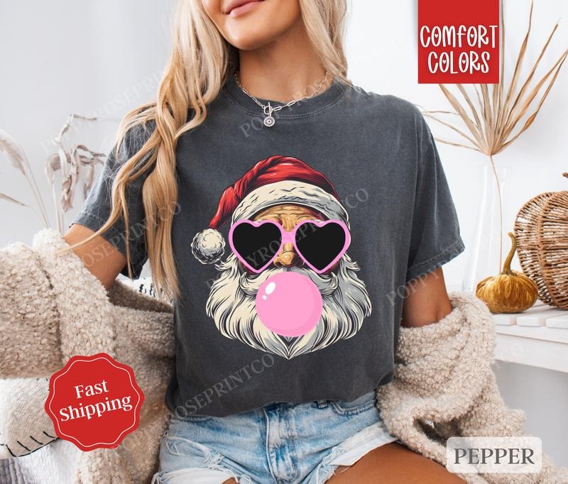 Santa Claus Bubble Shirt Comfort Colors Holiday Tshirt,  Women's Holiday Tee christmas shirt retro christmas Hoodie,...