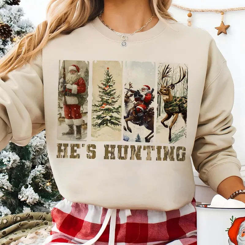 Santa Claus He's Hunting Christmas Sweater, Christmas Santa Camouflage Coquette Hunting, Retro Hunting Coquette Reindeer...