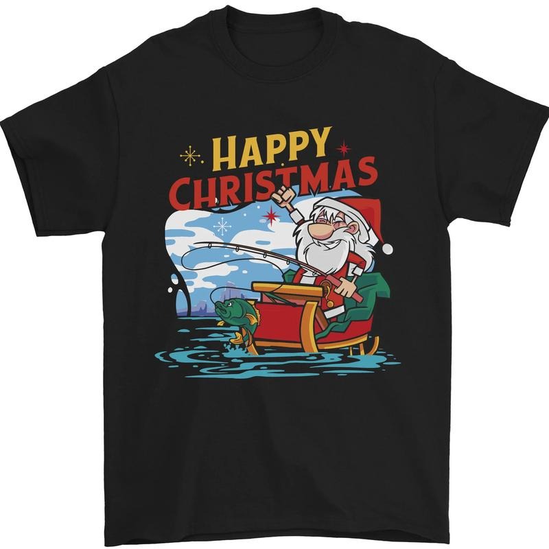 Santa Clause Fishing Funny Christmas Mens T-Shirt Cotton Made in USA Hoodie, Sweatshirt | TeeBloomCo.com