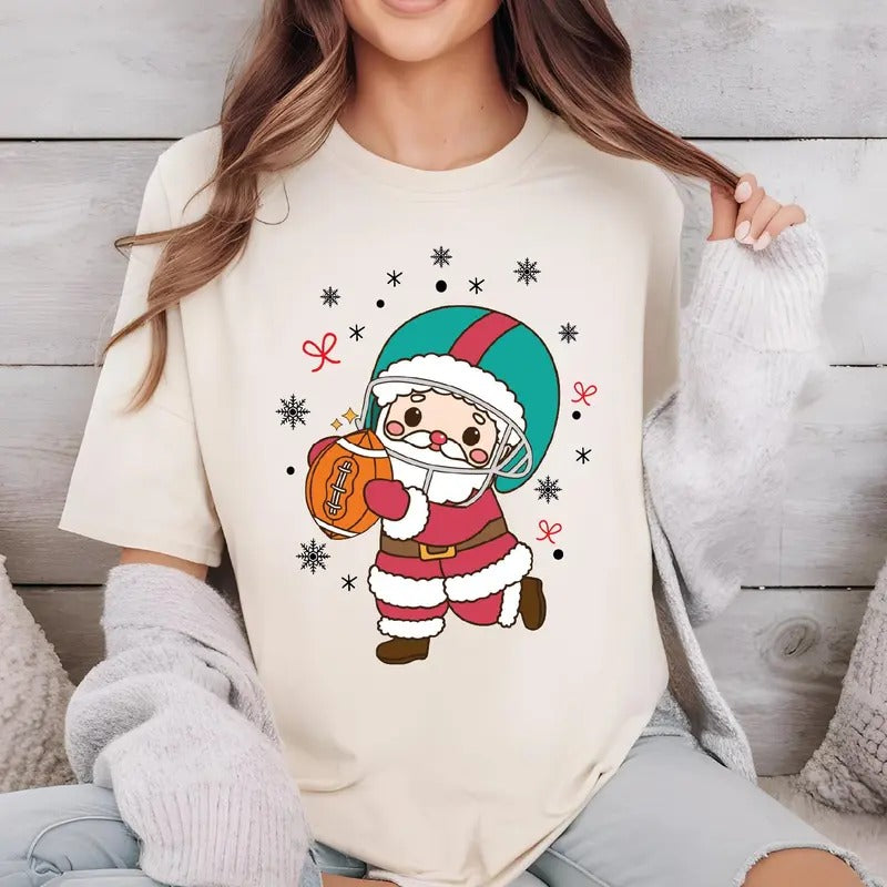 Santa Football Comfort Colors T-Shirt, Christmas Football Shirt, Funny Santa Claus Sports T-Shirt Hoodie, Sweatshirt