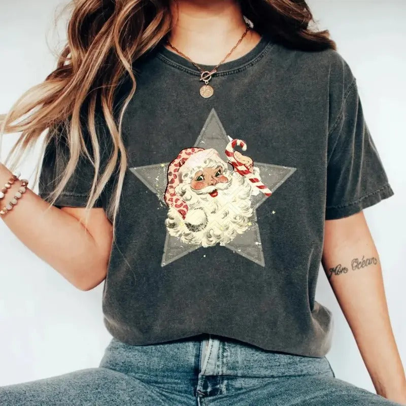 Santa Star Christmas T-Shirt, Funny Christmas t-shirt Womenswear Top Hoodie, Sweatshirt | TeeBloomCo.com