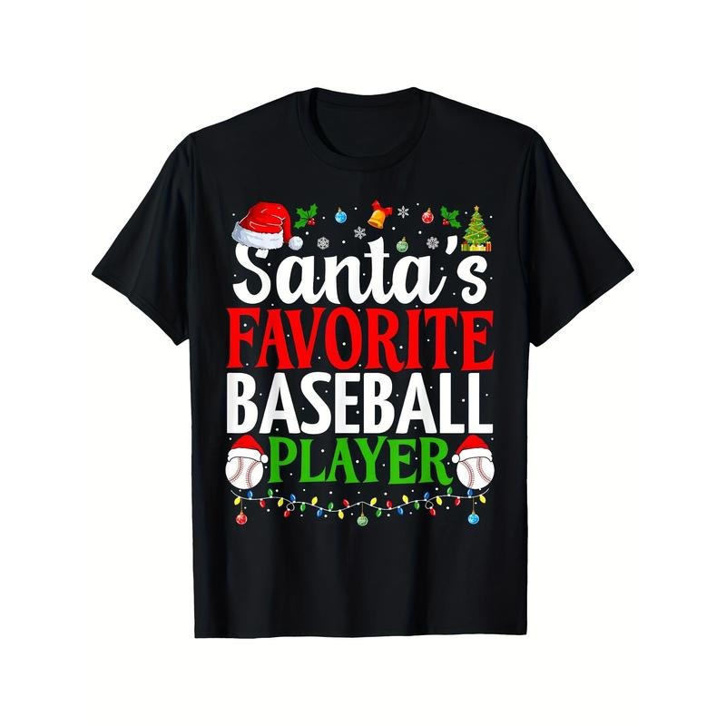 Santa's Favorite Baseball Player Funny Christmas Baseball Men's T-shirt Personality Print Pattern, Casual Round Neck...